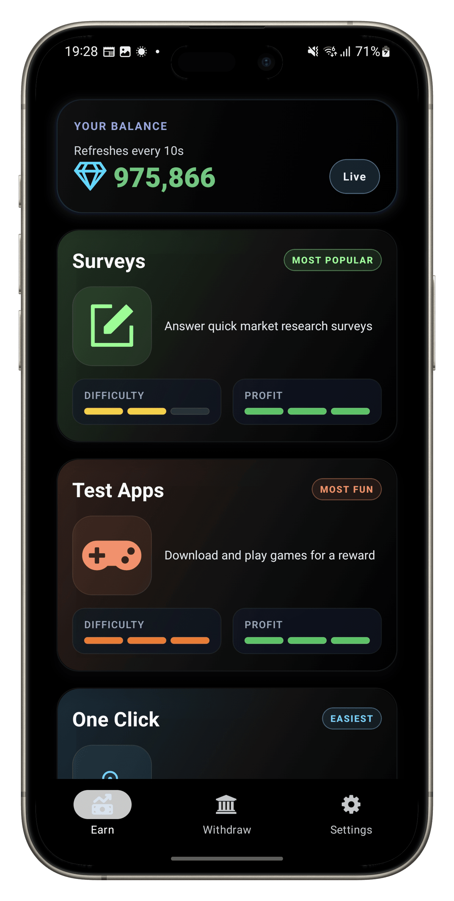 CashFromPhone earn screen showing surveys, test apps, and rewards